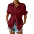 thumbnail image 1 of ZOHIUM Womens Tops Women's Summer Solid Color Loose Plus Size Long Cotton Texture Dress Shirt Top Womens Work Tops Linen Shirt Women Tops (Wine Red,XL), 1 of 4