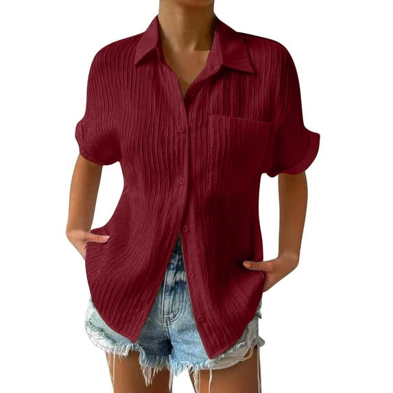 ZOHIUM Womens Tops Women's Summer Solid Color Loose Plus Size Long Cotton Texture Dress Shirt Top Womens Work Tops Linen Shirt Women Tops (Wine Red,XL)