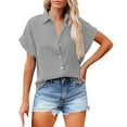 thumbnail image 1 of ZOHIUM Womens Work Tops Women's Solid Color Single Breasted Fashionable Casual Shirt Sleeved Shirt Summer Blouses for Women 2197 Business Casual Tops for Women (Gray,M), 1 of 4