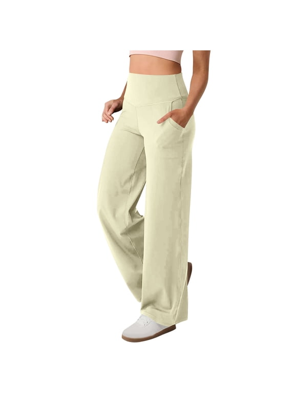 Yoga Pants Women High Waist Straight Wide Leg Solid Color Exercise Gym Running Leggings with Pockets(Beige,Medium)