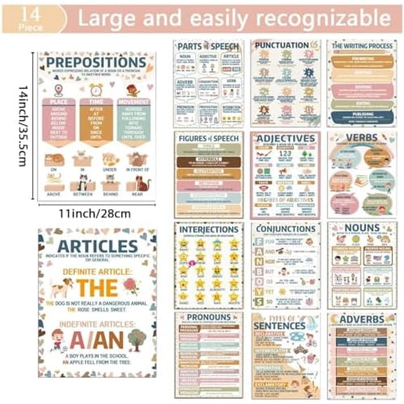 ZOIIWA 14 PCS Boho Parts of Speech Posters for Classroom Decorations Boho Grammar Posters Language Arts Back to School Rainbow Hearts Educational Elementary Supplies for Class School Decor