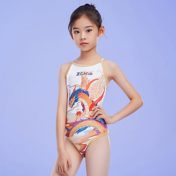 ZOKE Girls White, Yellow, and Red Dragon Graphic One-Piece Swimsuit