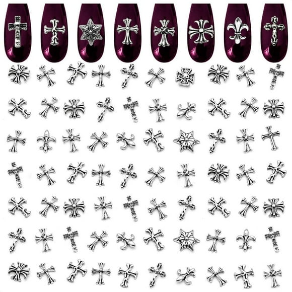ZOKLU 100Pcs Silver Cross 3D Nail Charms Y2K Nail Art Gems for Manicure Design