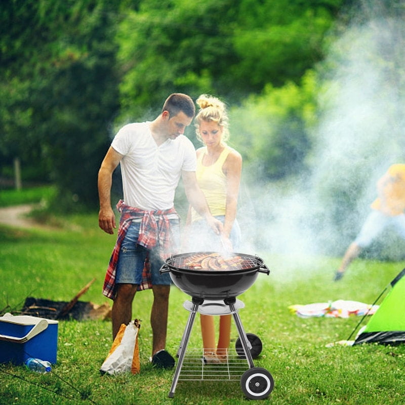 Compact Black Steel Portable Camping Grill with Side Wheel