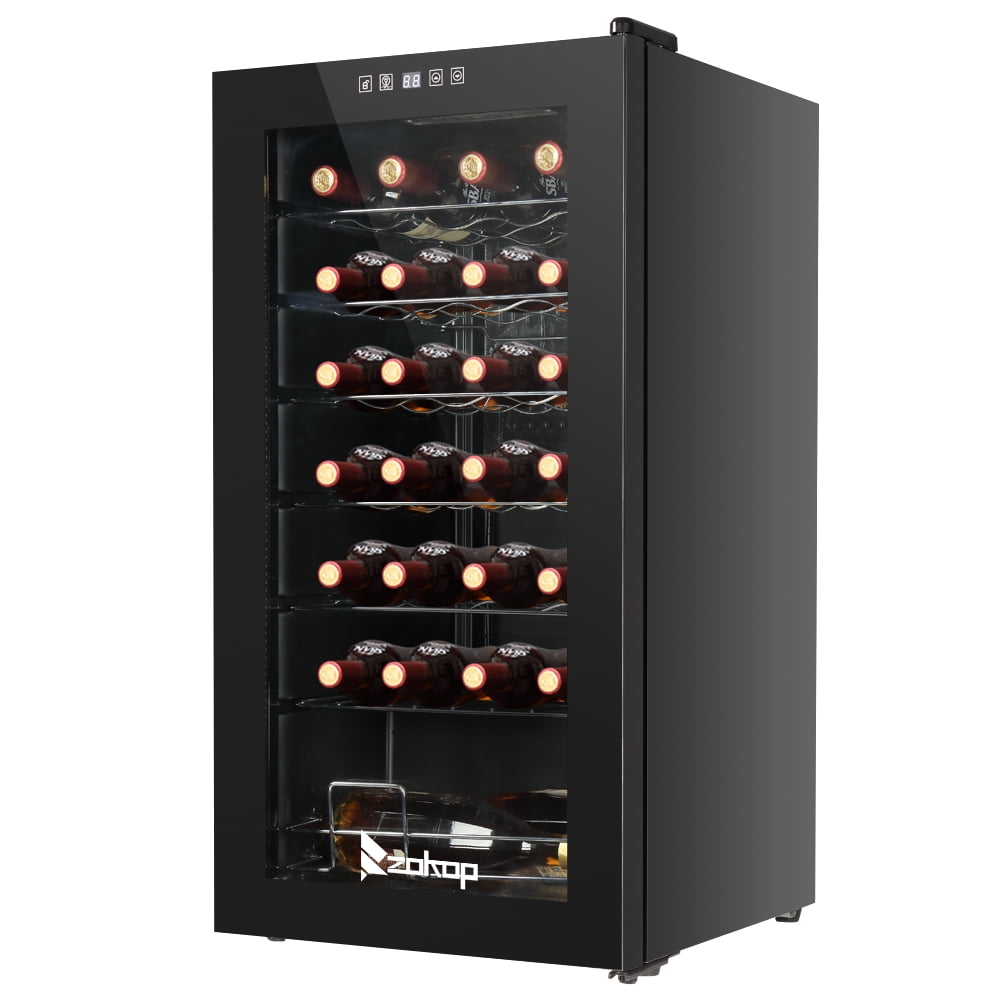 Black Freestanding Wine Cooler with Interior Lighting, 28-Bottle Capacity