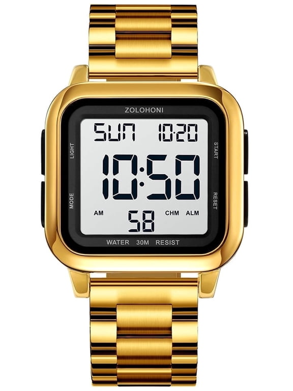 Digital Watches for Men Gold Stainalee Steel Waterproof Electric Watch Mens Sports Watches