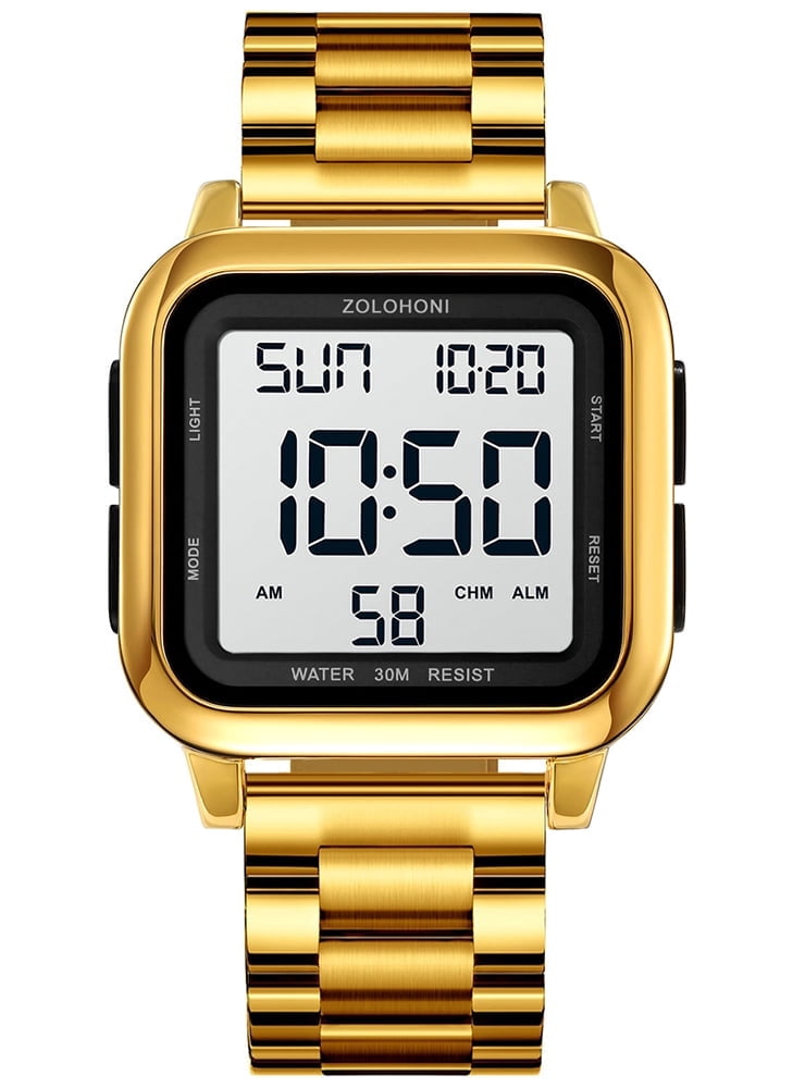 ZOLOHONI Digital Watches for Men Gold Stainalee Steel Waterproof Electric Watch Mens Sports Watches