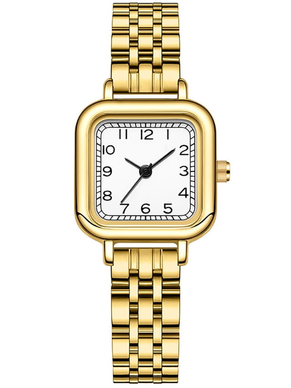 Gold Watches for Women, Square Case, Easy Reader, Stainless Steel Band, 30m Waterproof Quartz Watch