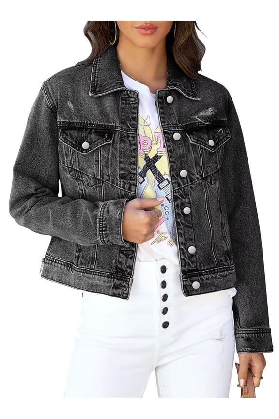 Black Fitted Distressed Plus Size Jean Jacket, Charcoal Black, L