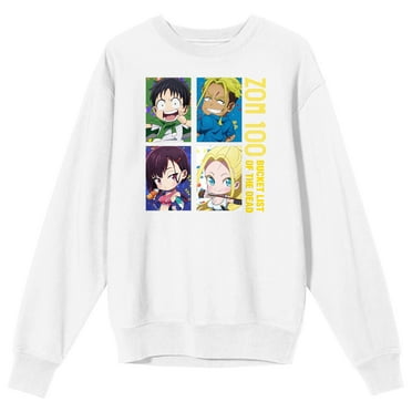 ZOM 100: Bucket List of the Dead Chibi Akira, Shizuka, Beatrix, and Kencho Adult White Crew Neck Sweatshirt-Large