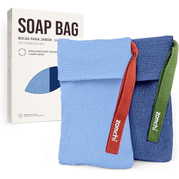Zomchi 2 Pieces Soap Bags for Soap Bars with Different Roughness, Exfoliating Soap Saver Bags, Soap Pouch for Body Wash (Blue)