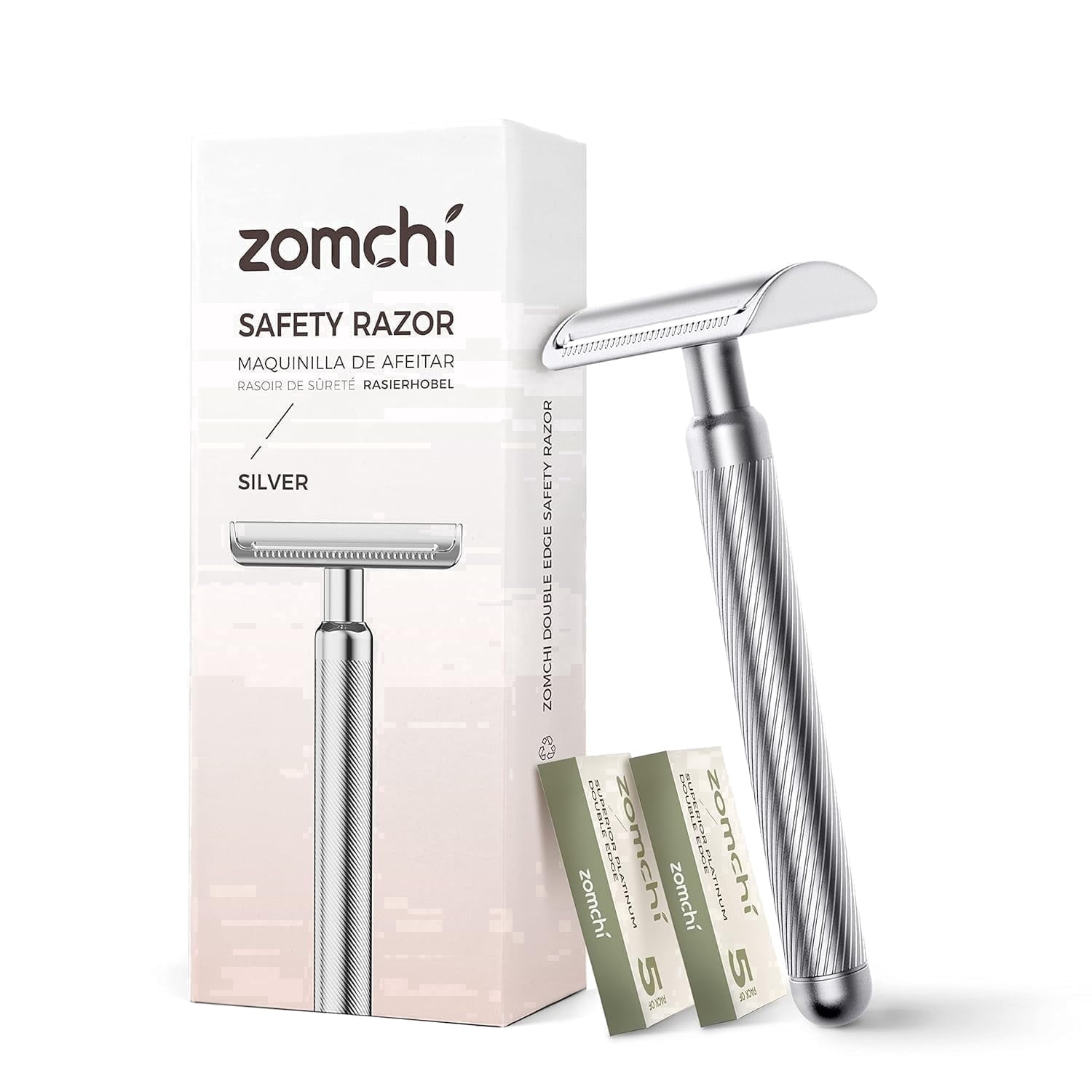 ZOMCHI Double Edge Safety Razor for Men & Women, Reusable Metal Razor with 10 Razor Blades, Single Blade Wet Shaving Razor-Noble Silver