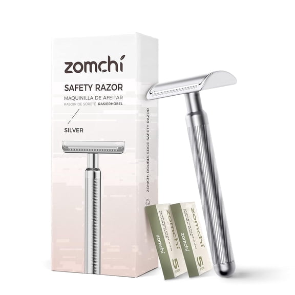ZOMCHI Double Edge Safety Razor for Men & Women, Reusable Metal Razor with 10 Razor Blades, Single Blade Wet Shaving Razor-Noble Silver