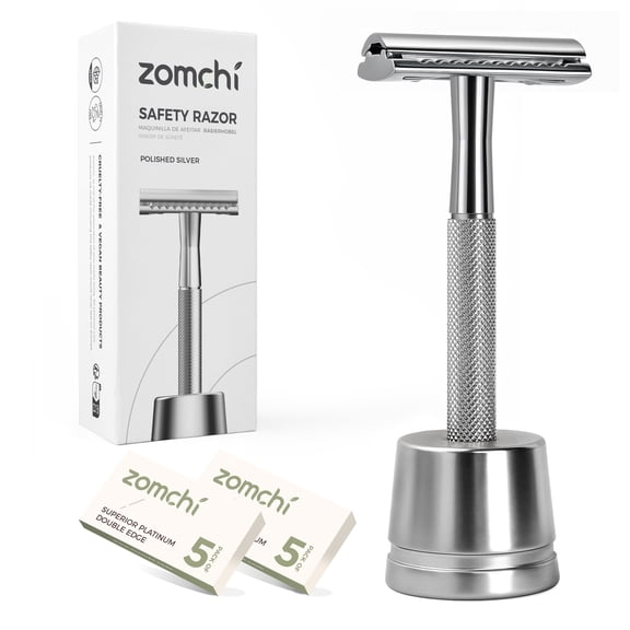 ZOMCHI Double Edge Safety Razor for Men with Stand, Reusable Metal Razor with 10 Double Edge Blades, Single Blade Razors for Men & Women – Silver