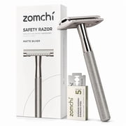 ZOMCHI Double Edge Safety Razor for Men & Women, Eco-Friendly Metal Shaver with 5 Refill Blades, Reusable Manual Razor for Smooth Close Shave   Matte Silver