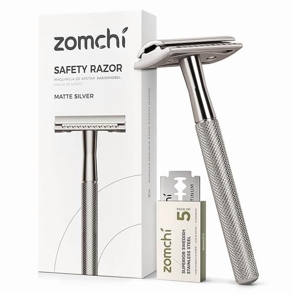 ZOMCHI Double Edge Safety Razor for Men & Women, Eco-Friendly Metal Shaver with 5 Refill Blades, Reusable Manual Razor for Smooth Close Shave – Matte Silver