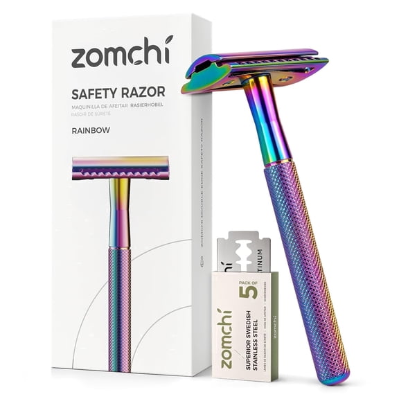ZOMCHI Double Edge Safety Razor with 5 Safety Razor Blades, Women & Men’s Safety Shaving Razor, Reusable Razor, Plastic Free – Rainbow
