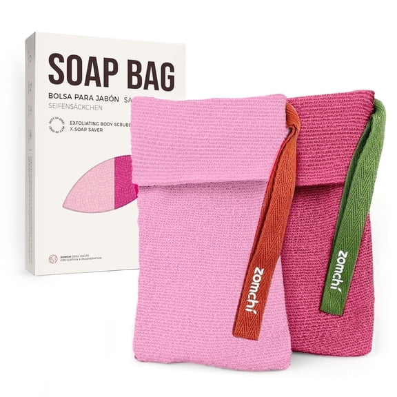 ZOMCHI 2-Pack Soap Saver Bags, Dual-Texture Exfoliating & Gentle Nylon Pouches for Rich Lather, Body Wash & Dead Skin Removal, Pink