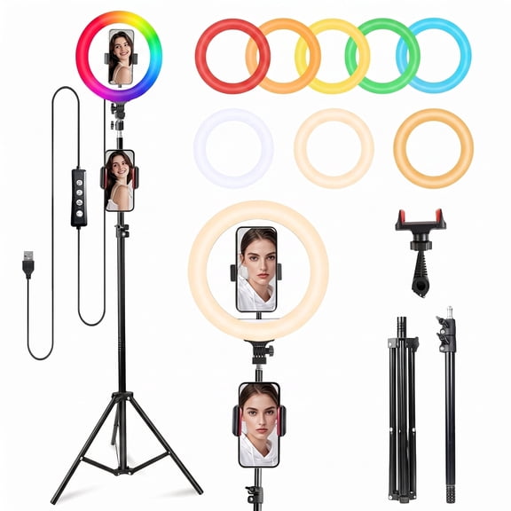 ZOMEI 10" RGB Ring Light with 63" Stand, Dimmable, for Live Streaming, Makeup, YouTube, Photography