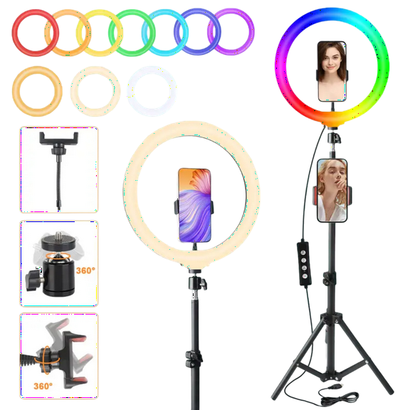 Zomei 12" RGB LED Ring Light W/63" Tripod & Ext Rod - For Live Stream/Gaming/Photography