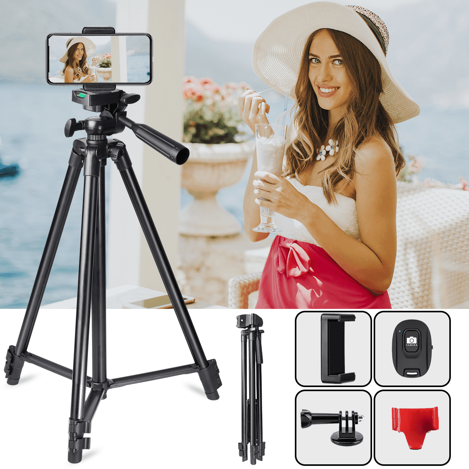 ZOMEI 128 cm Aluminum Camera Tripod with Bluetooth Remote Control Phone Holder for all iPhone, Samsung and most Smartphones