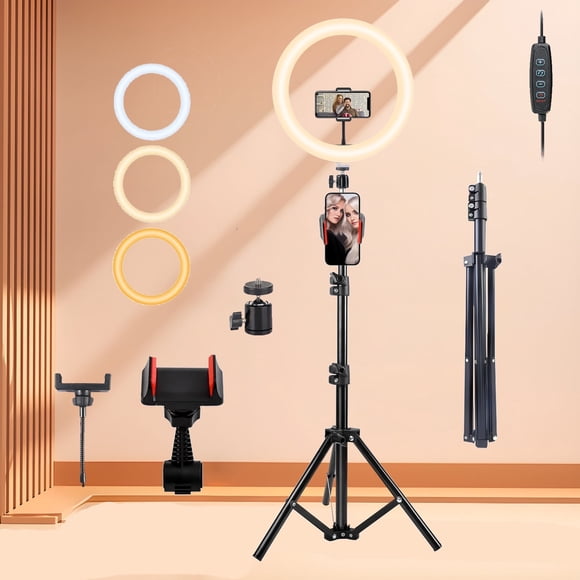 ZOMEI 43.3" Ring Light Extendable Tripod with Phone Holder, for YouTube/TikTok, Compatible iPhone Android Camera, Dimmable