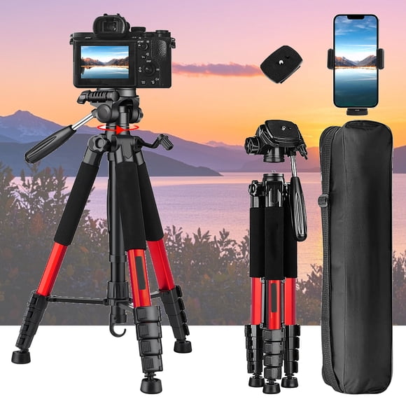 ZOMEI 55 Inch Tripod with Carry Bag with Phone Holder, Aluminum for Mirrorless Camera/DSLR/Phone/Camcorder, Red