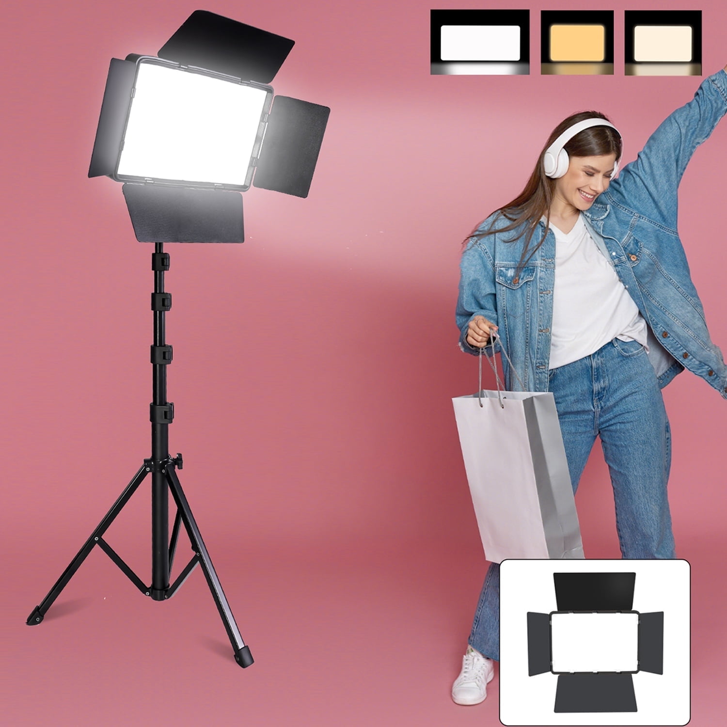ZOMEI LED Video Light Stand Kit: 2800k-6500K CRI 96+ Dimmable Light with Phone Clip and Barn Door With 63inch/1.6m light stand for studio photography Shooting