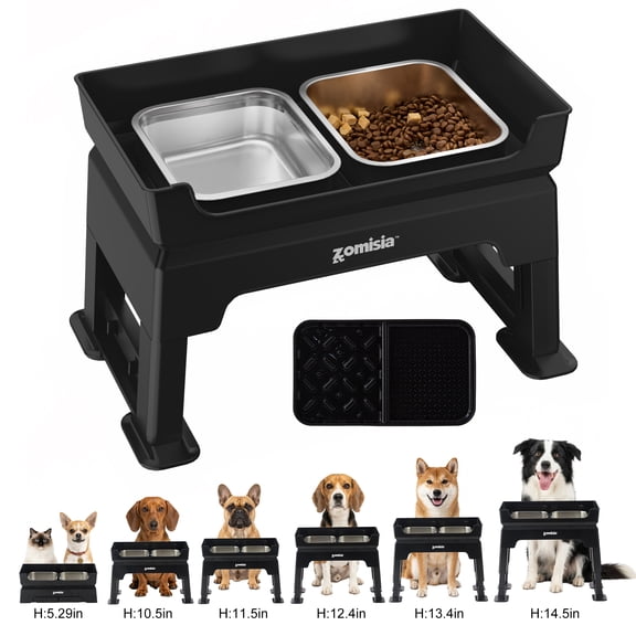 ZOMISIA Elevated Dog Bowls, 6 Height Adjustable, 2 Stainless Steel Bowls & Licking Plate, Mess Proof, for Small Medium Large Pets