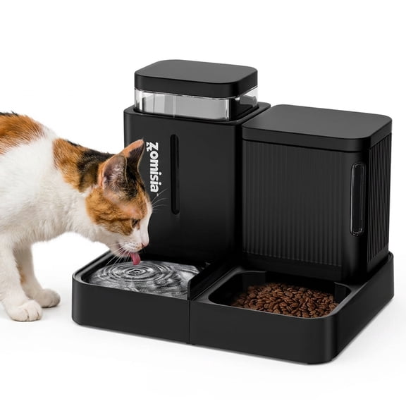 ZOMISIA Automatic Cat Feeder and Water Dispenser Set, 2 in 1 Gravity Cat Food Dispenser with 180° Rotatable, Pet Self Feeding Large Capacity for Small Dogs Puppy Kitten, Black, 0.8 Gallon