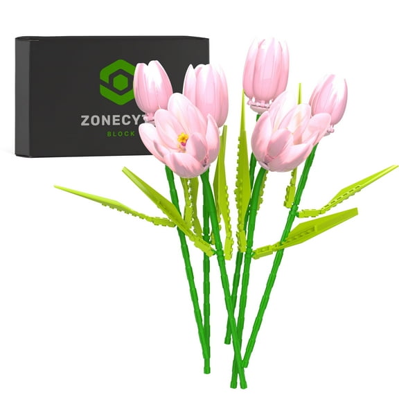ZONECYTD Flower Bouquet Building Set Artificial Pink Tulips