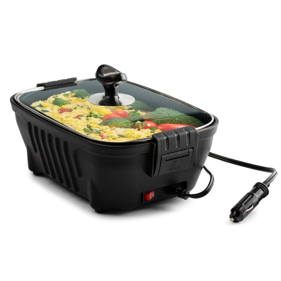 ZONETECH 12V Personal Roaster with Glass Lid Portable Non-Stick 11.5-inch Pan Stay-Cool Handles, Rapid Heat Up, Perfect For Camping, Picnic and more Y101