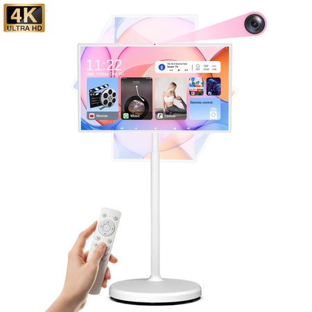 32" 4K Smart Portable TV on Wheel with Touch Screen, 8MP Camera, Android 13 with Google Play, 8G+128GB Storage, 5-8 Hours Battery,with Adjustable Rolling Stand