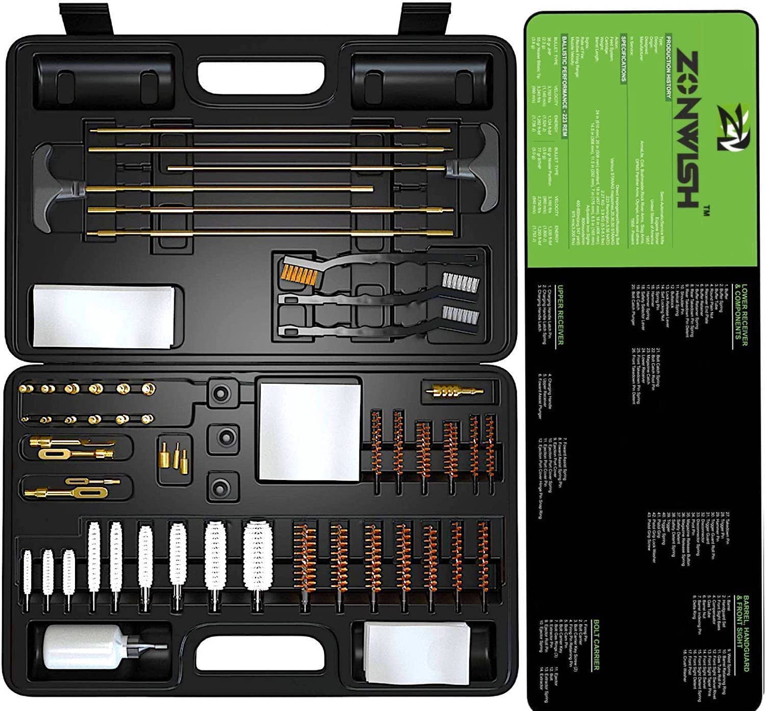ZONWISH 214 PCs Brass Jags Universal Gun Cleaning Kit with Large 12"x36
