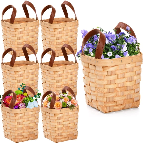 ZOOFOX 6 Pack Small Wicker Basket with Handle, 4" x 4.5" Woodchip Baskets for Gifts Empty, Rustic Style Basket Flower Girl Baskets for Wedding Home Party Decor Easter Gift Packing Y102