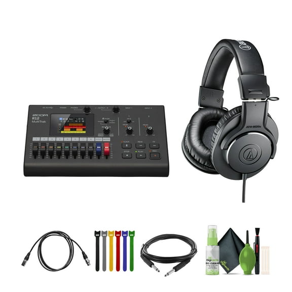 ZOOM Digital Multitrack Recorder (R12) + Audio-Technica ATH-M20x Professional Studio Monitor Headphones, Black (AUD ATHM20X) + Xpix Balanced Interconnect, 1/4 inch TRS to Same, 15 ft + More