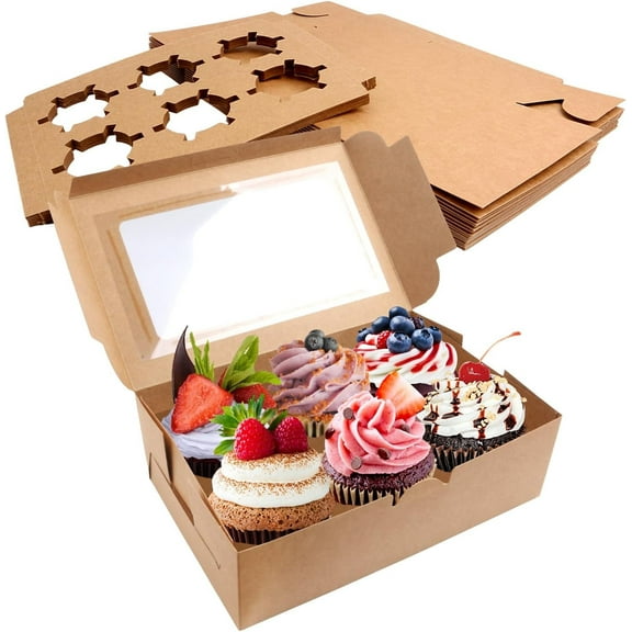 ZOOMPIL Brown Cupcake Boxes, 20 PCS Paper Cake Box, Bakery Pastry Boxes with Window for Muffins Pastry Cupcake Candy Pie Cookies Desserts, 23.5x15.8x7.5cm