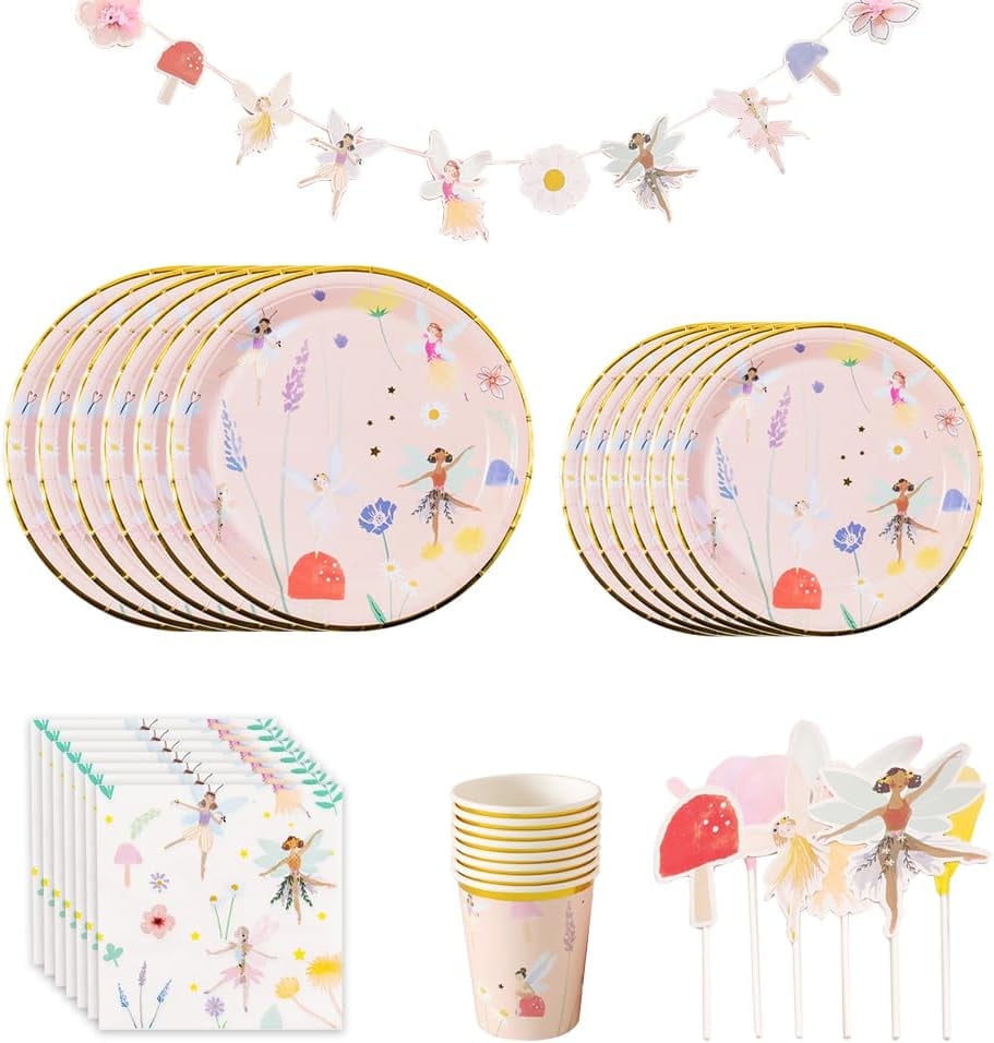 ZOOMPIL Fairy Party Tableware, Fairy Paper Plate Party Set, Fairy Birthday Tableware, for Fairy Birthday Party, Wedding, Baby Shower, Picnic Table Decoration for 10 Guests