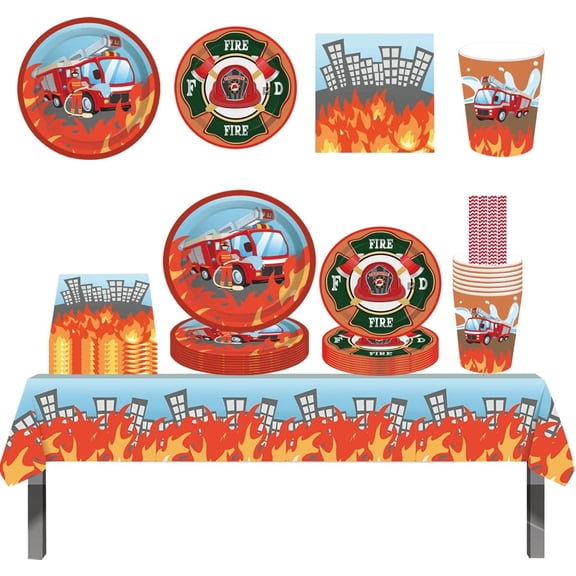 ZOOMPIL Fire Truck Party Tableware Set, Car Fire Truck Theme Party Tableware Set, Includes Tablecloths, Paper Cups, Plates, Straws, Napkins, for Birthday, Baby Shower Decorations, 8 Guests