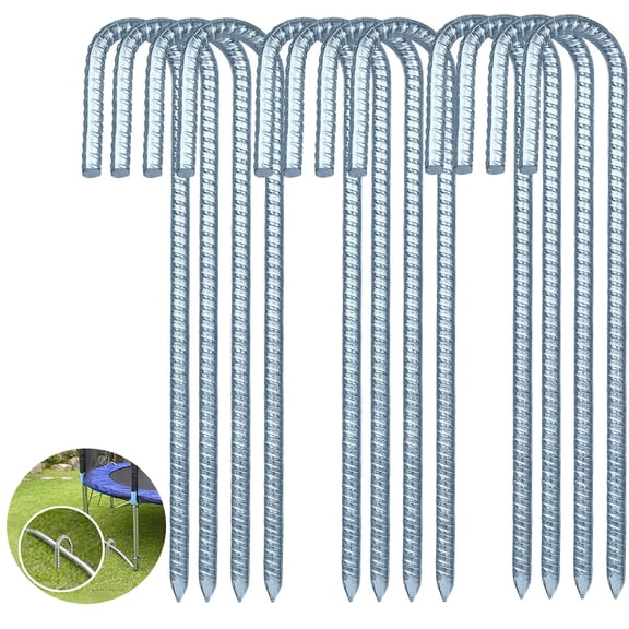 ZOOMPIL Ground Anchors, Galvanized Ground Anchors, 30cm Ground Stakes, J-Hook Rebar Stakes Suitable for Trampolines, Camping, Garden Sheds, Swings with Chisel Tip End, 12 Pack