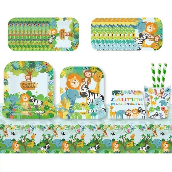 ZOOMPIL Jungle Party Tableware Set, 70pcs Jungle Animal Party Supplies - Includes Tablecloths, Paper Cups, Animal Plates, Straws, Napkins, for Safari Jungle Animal Party Decorations