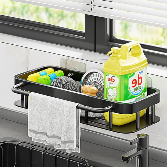 ZOOMPIL Kitchen Sink Organizer, Sink Organizer Hanging, Stainless Steel Sink Organizer Black with Towel Holder and Hooks, For Storing Kitchen Utensils Such as Sponges and Brushes