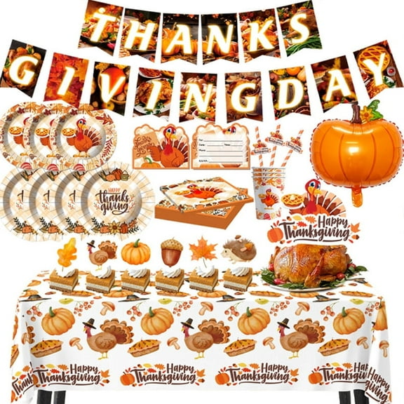 ZOOMPIL Thanksgiving Party Tableware, 124Pcs Thanksgiving Paper Plates Set, Turkey Maple Leaf Dinnerware Set for Thanksgiving Party Harvest Festival Fall Table Decorations, 16 guest