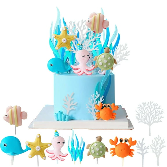 ZOOMPIL Underwater World Cake Topper, 11 Pieces Ocean Theme Cake Topper, 3D Sea Animals Cake Decoration, Ocean Animals Sea Cake Decoration, for Kids Party Birthday Party Cake Decoration Supplies