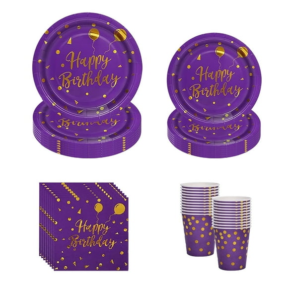 ZOOMPIL Violet Gold Party Tableware Set, 64 Pieces Children's Birthday Purple Gold Paper Plates, Party Tableware Set with Paper Cups, Paper Plates and Napkins for Birthday Baby Shower 16 Guests