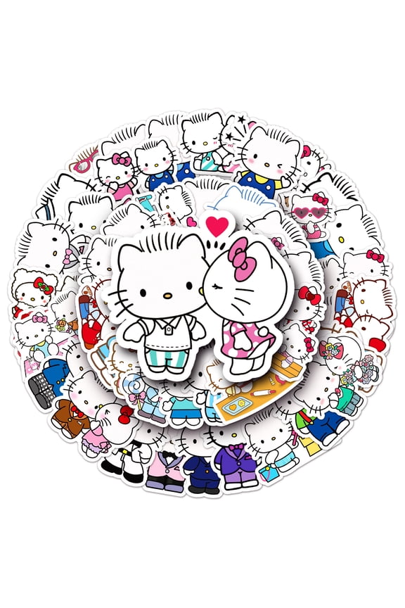 ZOOUSQII 50pcs Cute Hello Kitty Cartoon Stickers, Waterproof Vinyl Decal for Girl Teen Kids Laptop, Travel Case, Phone, Bike, Water Bottle, Guitar, Computer Party Supplies A04 ST219-143