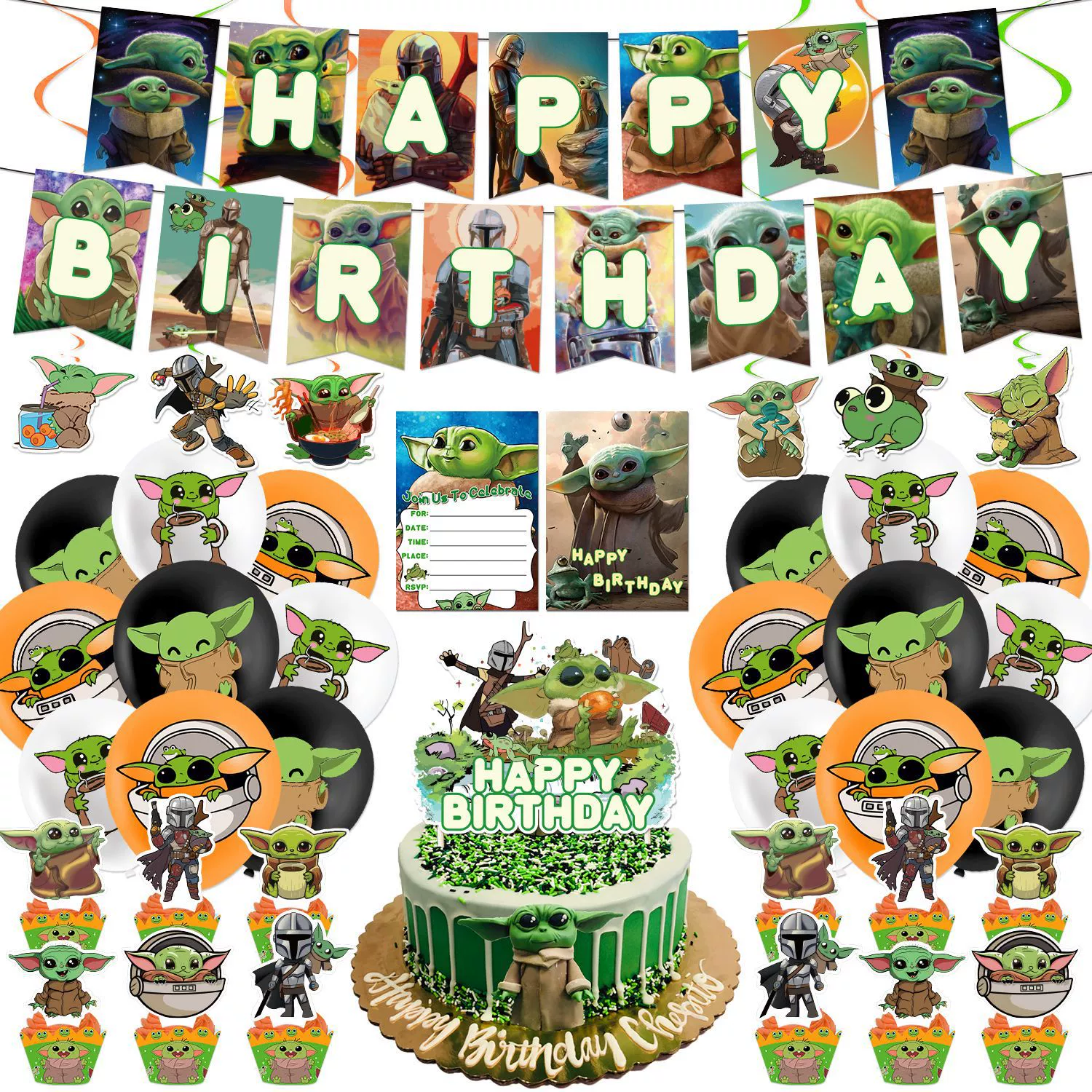 ZOOUSQII Baby Yoda Birthday Party Supplies, Cartoon Party Decorations Set Include Plates Napkins Banner Balloons Cake Toppers Tableware Party Supplies for Boys Girls Birthday Party PD221-067