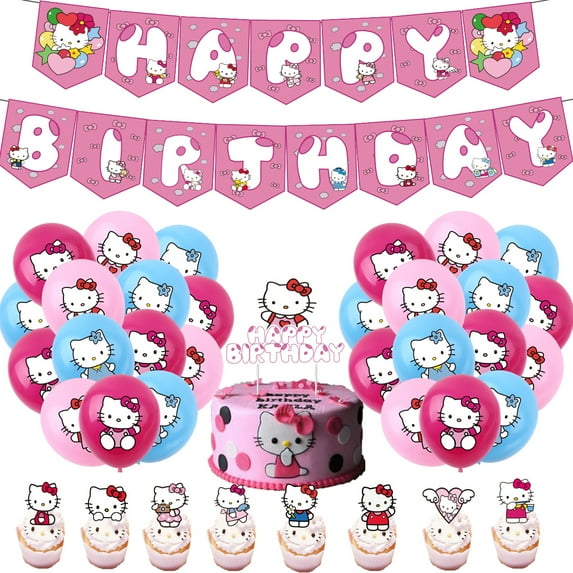 DONNGZAE Hello Kitty Birthday Party Supplies, Birthday Decorations for Boys Girls Kits Include Birthday Banner, Balloons, Cake Toppers SLO526-0286