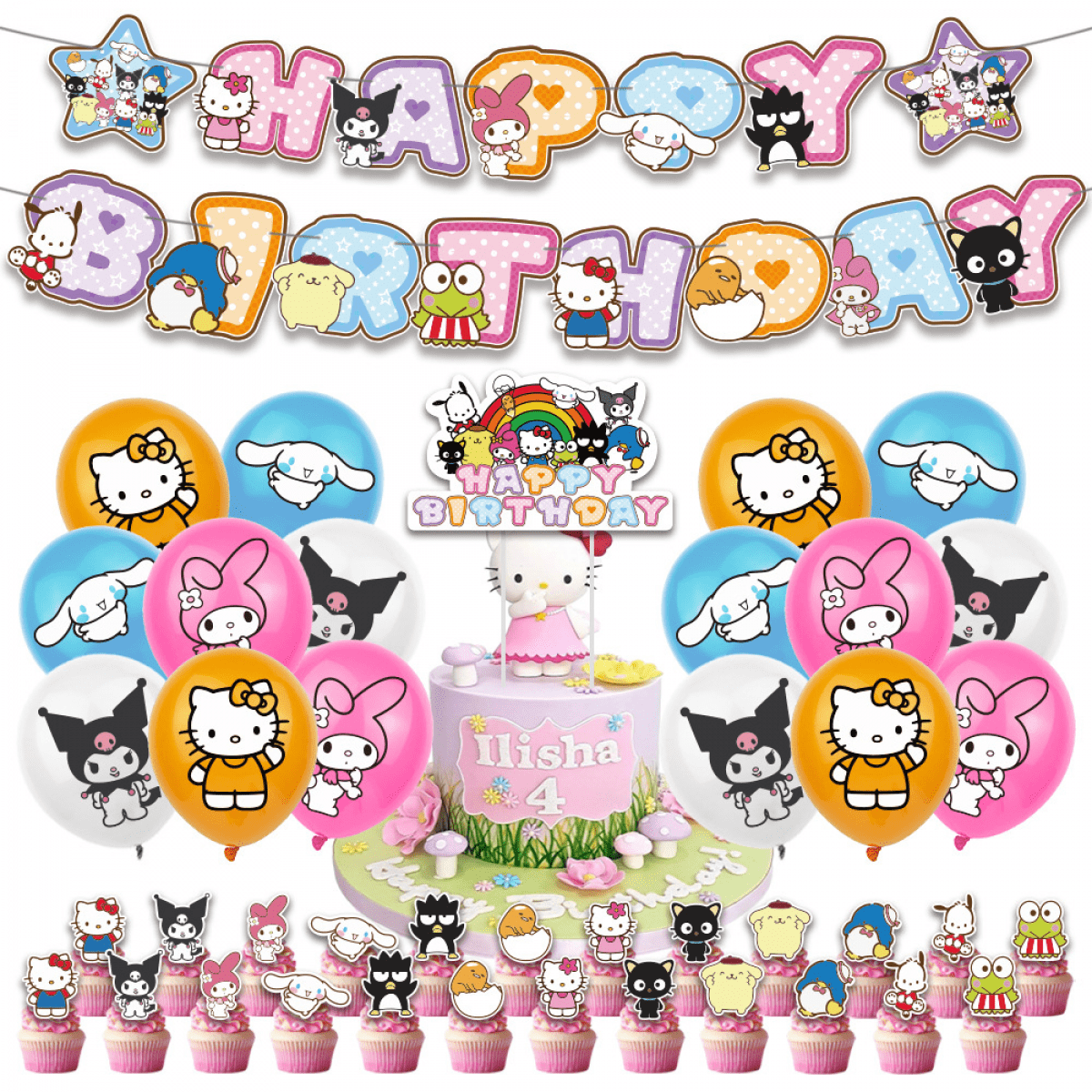 ZOOUSQII Sanrio Birthday Party Supplies, Cartoon Party Decorations Set Include Plates Napkins Banner Balloons Cake Toppers Tableware Party Supplies for Boys Girls Birthday Party PD221-044