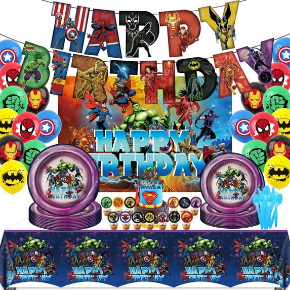 ZOOUSQII The Avengers Birthday Party Supplies, Party Decorations Set Include Plates Napkins Banner Balloons Cake Toppers Tableware Party Supplies for Boys Girls Birthday Party PD221-115